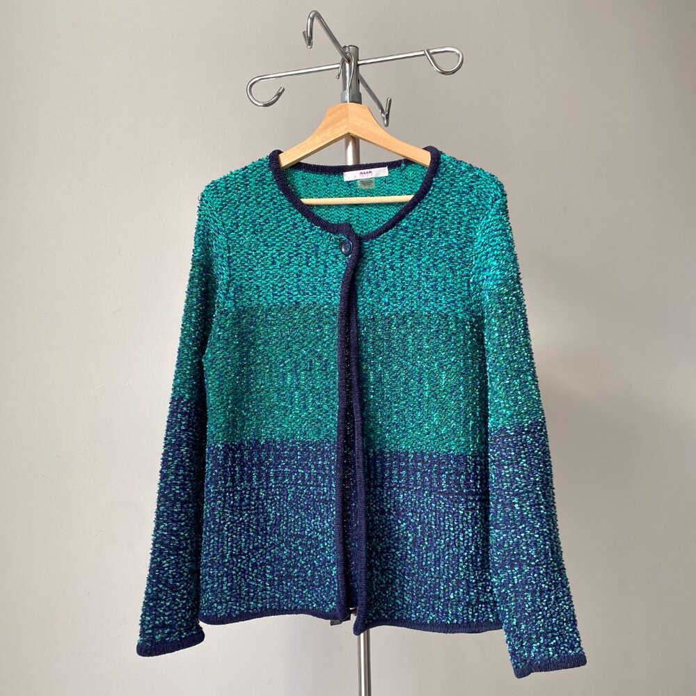 🌿 Y2K Vintage Green & Navy Blue Shades Open Knit Cardigan with Round Neck